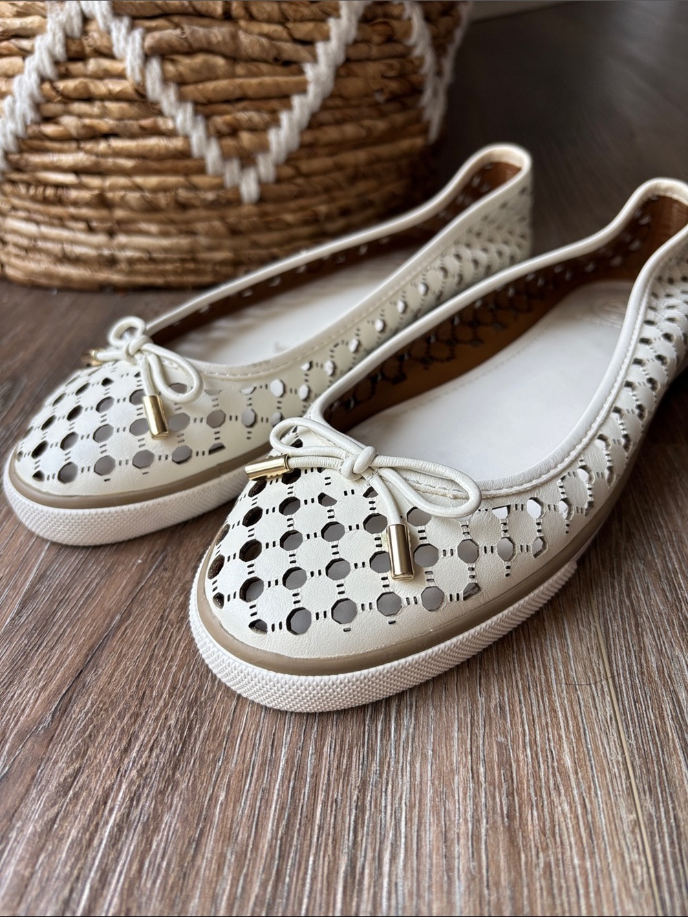 Tory Burch Warm White Perforated Leather Ballet Flats with Gold Accents